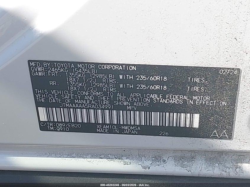 2024 Toyota Bz4x VIN JTMAAAAA5RA034991 IAAI salvage auction — FRONT END, Salvage Title, sold $9,200 on 2026-07-23 (photo 9)