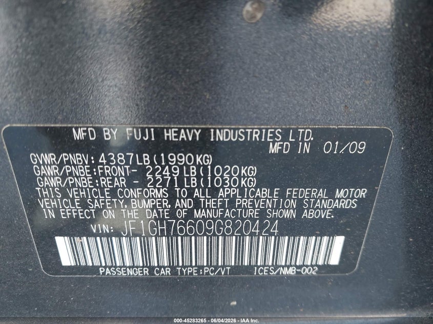 2009 Subaru Impreza VIN JF1GH76609G820424 IAAI salvage auction — FRONT END, Nrc Lienholder Repossession Paperwork (Georgia), sold $300 on 2026-07-08 (photo 9)