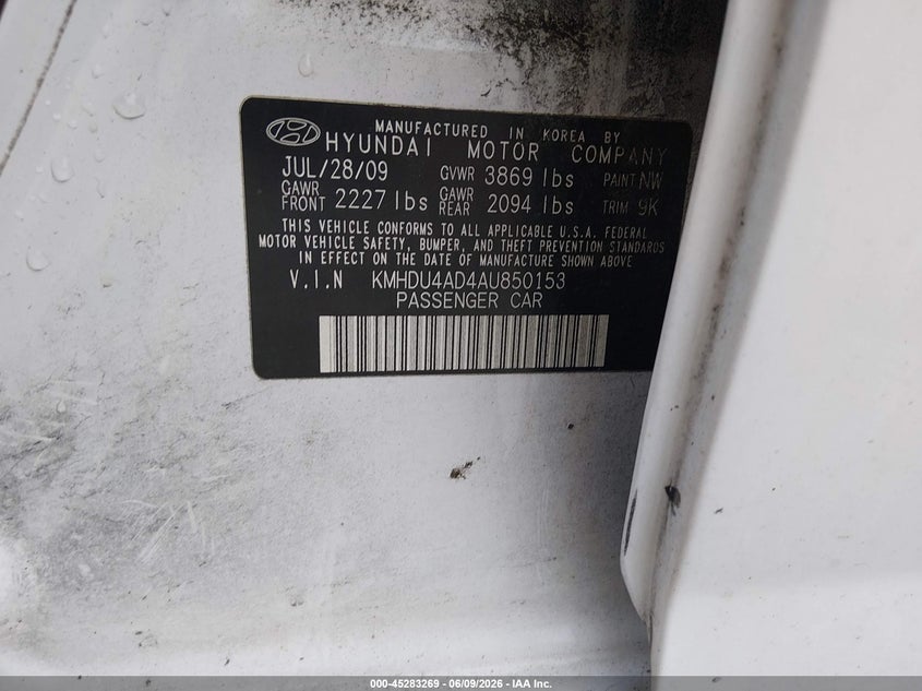2010 Hyundai Elantra VIN KMHDU4AD4AU850153 IAAI salvage auction — FRONT END, Salvage - Greater Than 75% (Maryland), sold $250 on 2026-07-11 (photo 9)