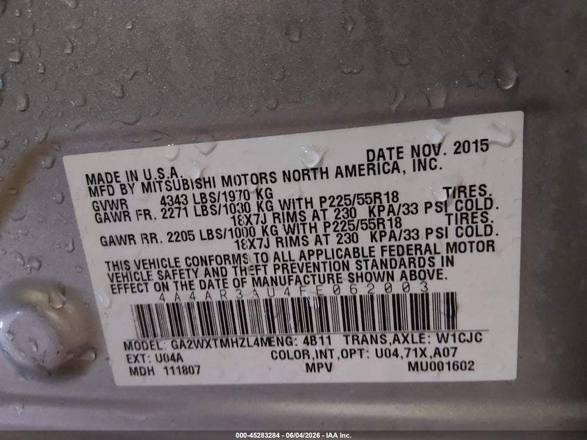 2015 Mitsubishi Outlander VIN 4A4AR3AU4FE062003 IAAI salvage auction — FRONT END, Salvage Title, sold $200 on 2026-07-10 (photo 9)