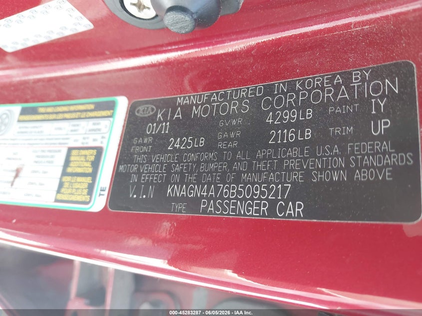 2011 Kia Optima VIN KNAGN4A76B5095217 IAAI salvage auction — LEFT SIDE, Salvage (Georgia), sold $525 on 2026-07-14 (photo 9)
