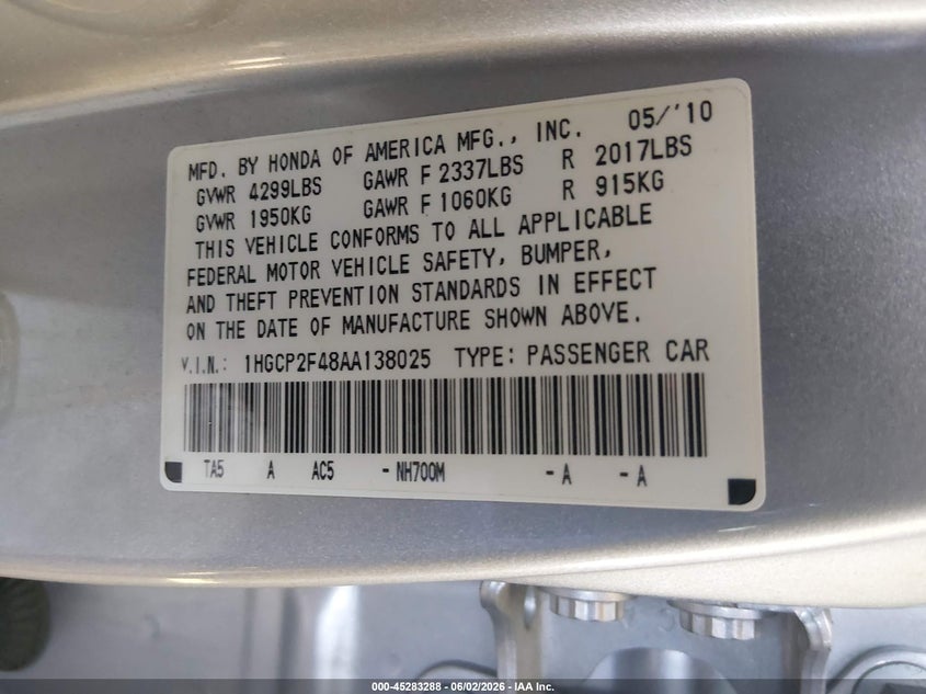 2010 Honda Accord VIN 1HGCP2F48AA138025 IAAI salvage auction — FRONT END, Salvage (Delaware), sold $1,300 on 2026-07-09 (photo 9)
