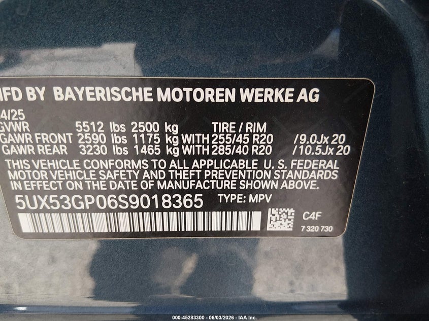 2025 BMW X3 VIN 5UX53GP06S9018365 IAAI salvage auction — RIGHT FRONT, Salvage Title, sold $23,750 on 2026-07-20 (photo 9)
