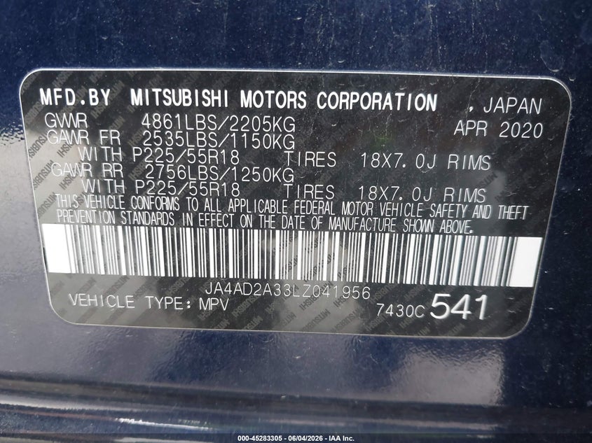 2020 Mitsubishi Outlander VIN JA4AD2A33LZ041956 IAAI salvage auction — FRONT END, Salvage (Illinois), sold $2,350 on 2026-08-02 (photo 9)