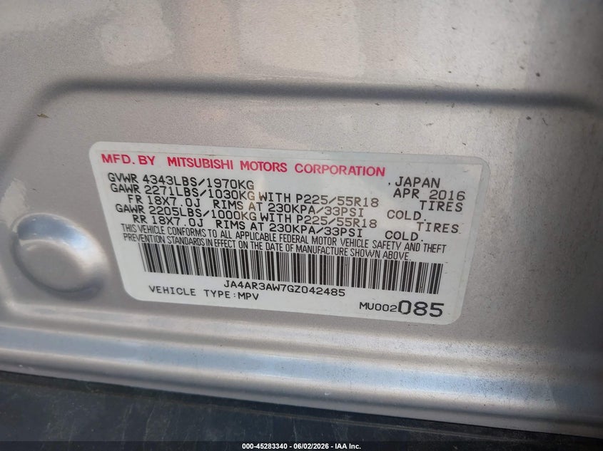 2016 Mitsubishi Outlander VIN JA4AR3AW7GZ042485 IAAI salvage auction — FRONT END, Salvage Title, sold $1,900 on 2026-07-07 (photo 9)
