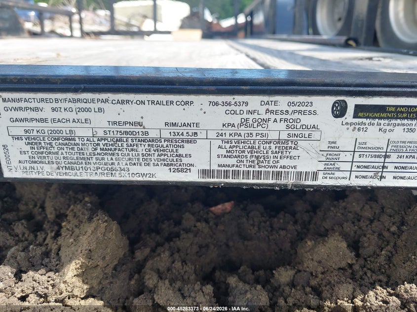 2023 Utility trailer mfg Other VIN 4YMBU1013PG055343 IAAI salvage auction — SIDE, Bos Undocumented Trailer (South Carolina), sold $400 on 2026-07-07 (photo 9)