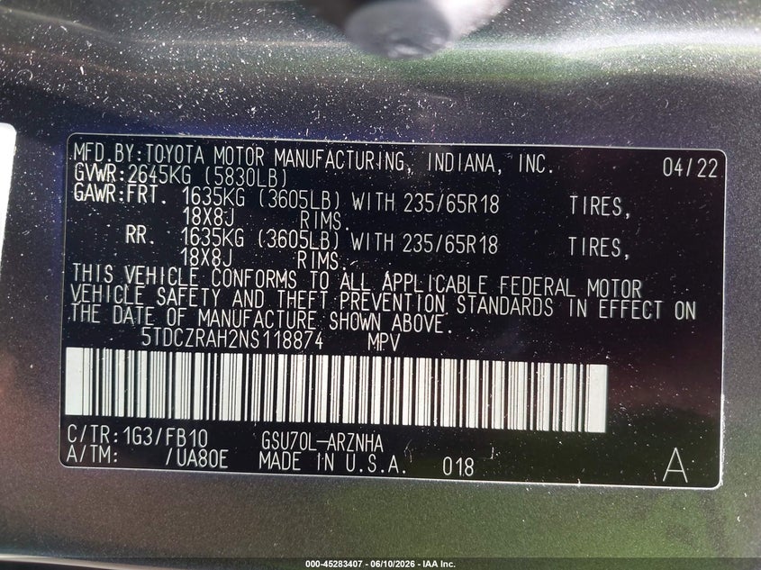2022 Toyota Highlander VIN 5TDCZRAH2NS118874 IAAI salvage auction — FRONT END, Salvage Title, sold $9,400 on 2026-07-23 (photo 9)