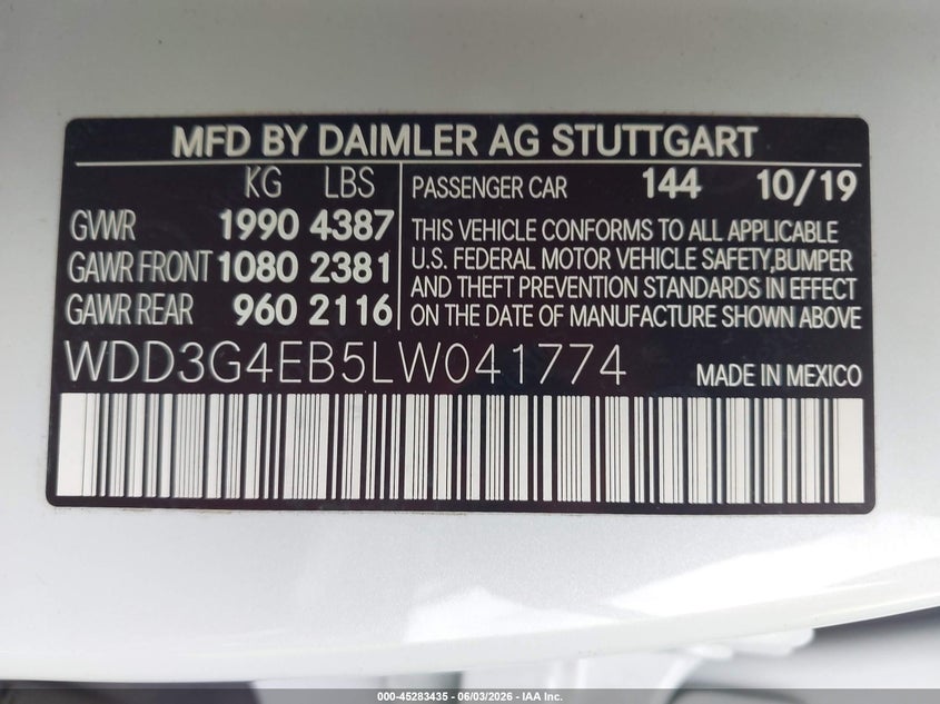 2020 Mercedes-benz A-klasse VIN WDD3G4EB5LW041774 IAAI salvage auction — FRONT END, Rebuildable (Florida), sold $5,100 on 2026-07-30 (photo 9)