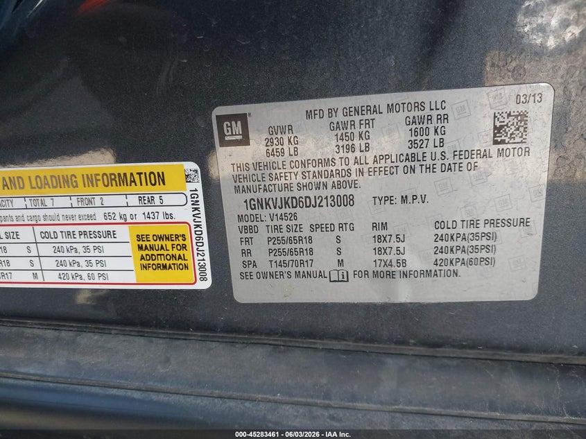 2013 Chevrolet Traverse VIN 1GNKVJKD6DJ213008 IAAI salvage auction — RIGHT FRONT, Prior Salvage (Minnesota), sold $725 on 2026-07-09 (photo 9)