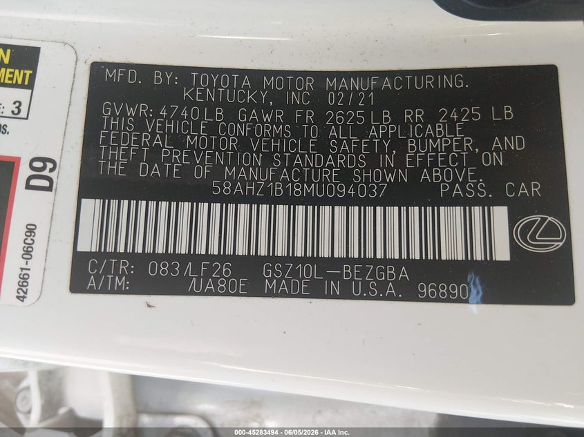 2021 Lexus ES VIN 58AHZ1B18MU094037 IAAI salvage auction — FRONT & REAR, Salvage Title, sold $9,400 on 2026-07-29 (photo 9)