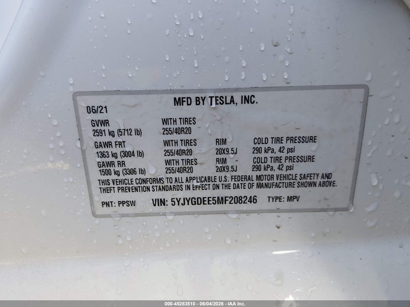 2021 Tesla Model y VIN 5YJYGDEE5MF208246 IAAI salvage auction — FRONT END, Salvage Title, sold $10,400 on 2026-07-29 (photo 9)