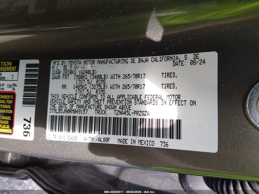 2024 Toyota Tacoma VIN 3TMLB5JN0RM049157 IAAI salvage auction — ROLLOVER, Salvage Title, sold $7,700 on 2026-07-30 (photo 9)
