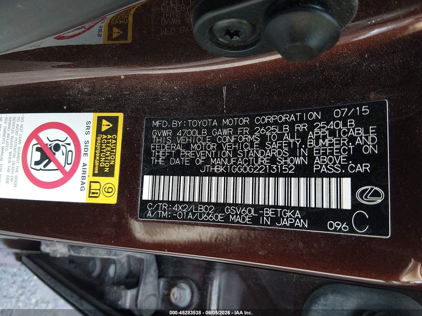 2016 Lexus ES VIN JTHBK1GG0G2213152 IAAI salvage auction — ROLLOVER, Salvage Title, sold $1,650 on 2026-07-10 (photo 9)
