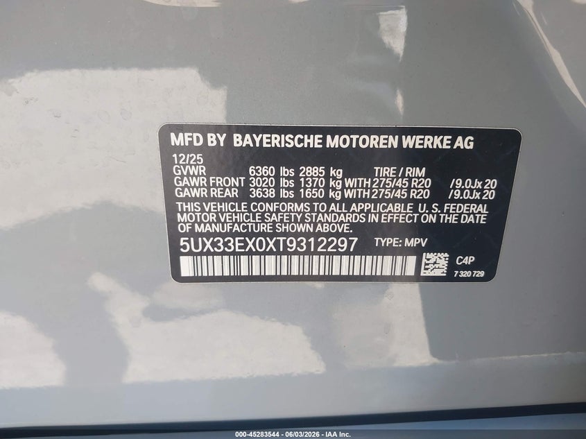 2026 BMW X6 VIN 5UX33EX0XT9312297 IAAI salvage auction — REAR END, Salvage Title, sold $58,250 on 2026-07-20 (photo 9)