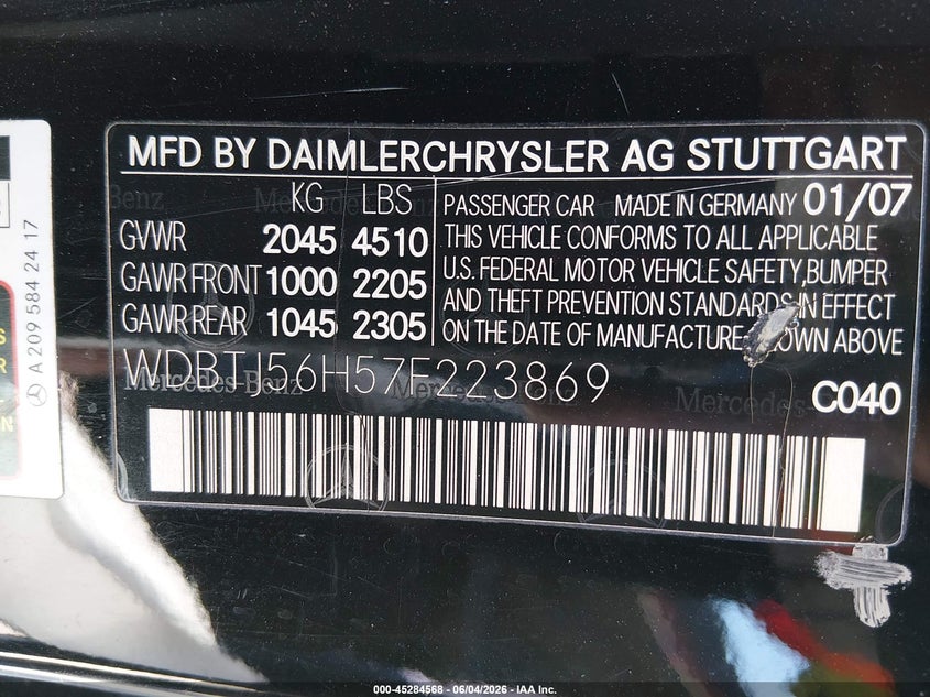 2007 Mercedes-benz Clk-class VIN WDBTJ56H57F223869 IAAI salvage auction — RIGHT FRONT, Salvage (Georgia), sold $575 on 2026-08-20 (photo 9)