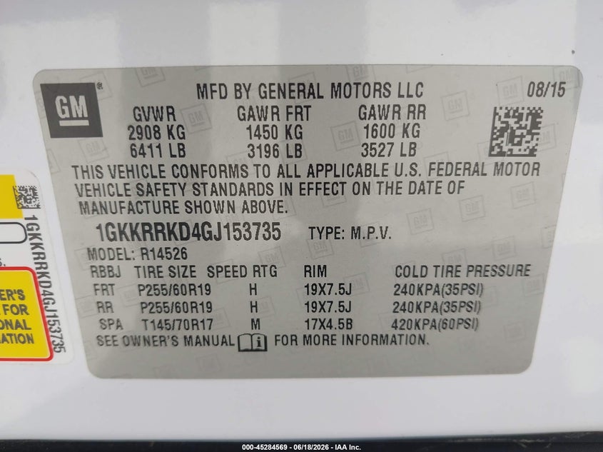 2016 Gmc Acadia VIN 1GKKRRKD4GJ153735 IAAI salvage auction — REAR END, Salvage (North Carolina), sold $1,750 on 2026-07-30 (photo 9)