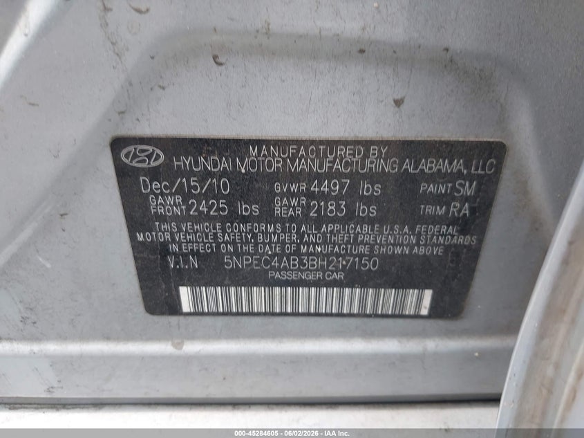 2011 Hyundai Sonata VIN 5NPEC4AB3BH217150 IAAI salvage auction — FRONT END, Rebuildable (Florida), sold $600 on 2026-07-09 (photo 9)
