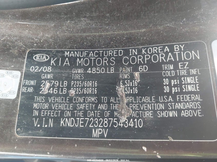 2008 Kia Sportage VIN KNDJE723287543410 IAAI salvage auction — NORMAL WEAR, Original (Ohio), sold $675 on 2026-07-14 (photo 9)