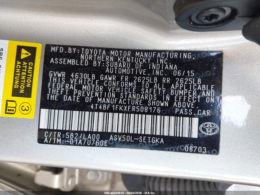 2015 Toyota Camry VIN 4T4BF1FKXFR508176 IAAI salvage auction — FRONT END, Salvage Title, sold $975 on 2026-07-26 (photo 9)