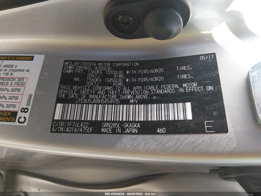 2017 Toyota 4runner VIN JTEBU5JR8H5454935 IAAI salvage auction — LEFT & RIGHT, Salvage Title, sold $8,550 on 2026-07-15 (photo 9)