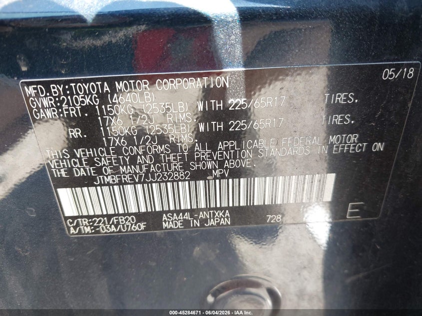 2018 Toyota Rav 4 VIN JTMBFREV7JJ232882 IAAI salvage auction — RIGHT FRONT, Salvage (Pennsylvania), sold $4,250 on 2026-07-31 (photo 9)
