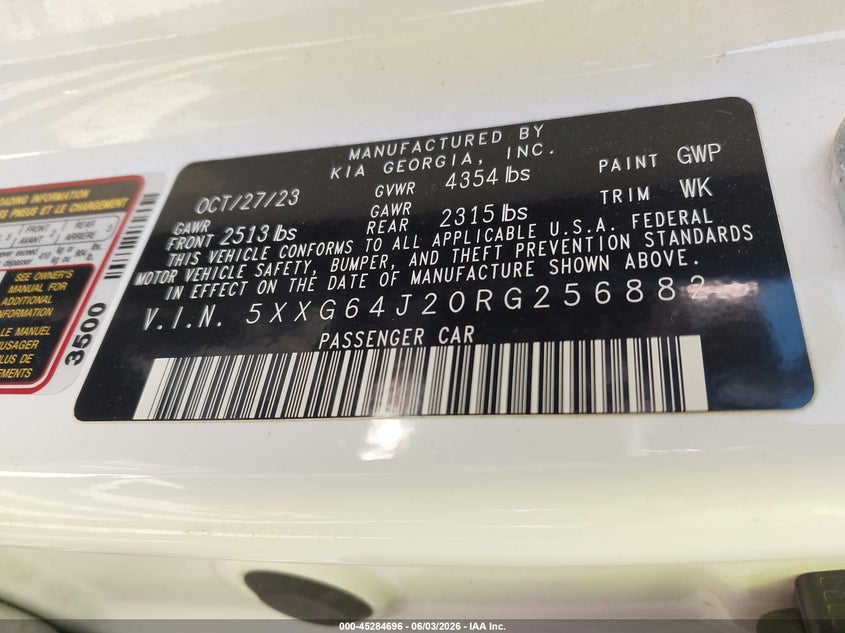 2024 Kia K5 VIN 5XXG64J20RG256882 IAAI salvage auction — FRONT END, Salvage Title, sold $2,700 on 2026-07-29 (photo 9)