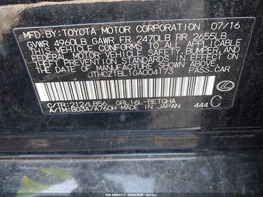 2016 Lexus Gs VIN JTHCZ1BL1GA004173 IAAI salvage auction — FRONT END, Salvage (Georgia), sold $1,250 on 2026-07-29 (photo 9)