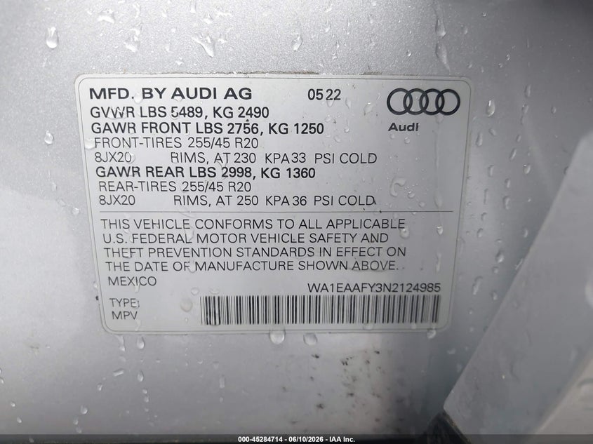 2022 Audi Q5 VIN WA1EAAFY3N2124985 IAAI salvage auction — FRONT END, Salvage Title, sold $7,500 on 2026-07-29 (photo 9)