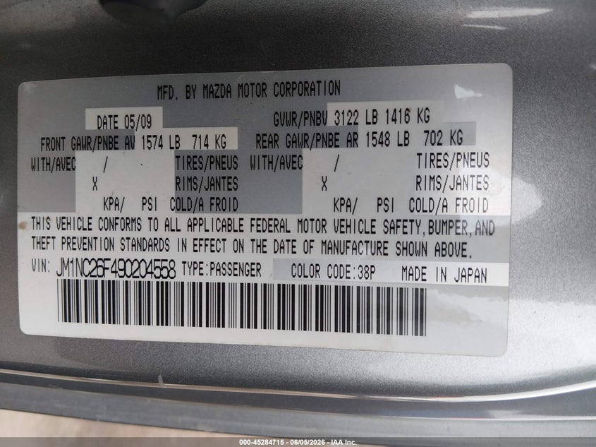 2009 Mazda Mx-5 VIN JM1NC26F490204558 IAAI salvage auction — FRONT END, Salvage (Texas), sold $1,550 on 2026-07-07 (photo 9)