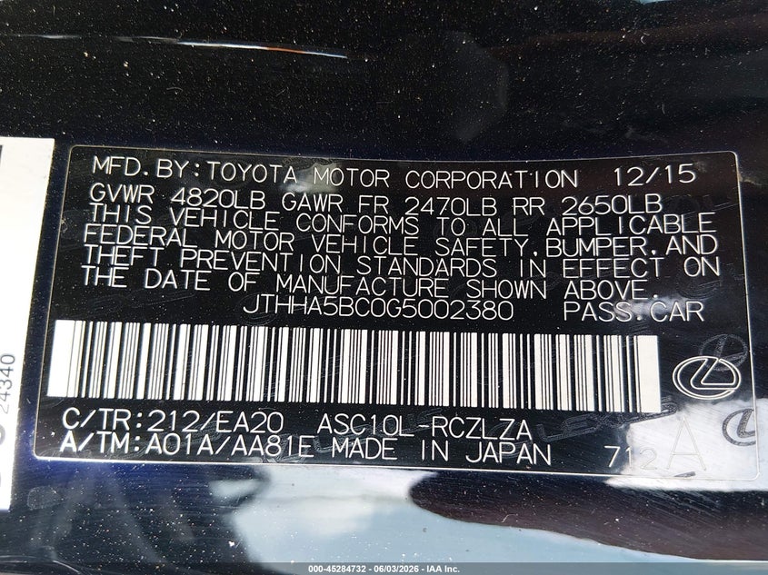 2016 Lexus Rc VIN JTHHA5BC0G5002380 IAAI salvage auction — FRONT & REAR, Clear (Arkansas), sold $5,275 on 2026-07-22 (photo 9)