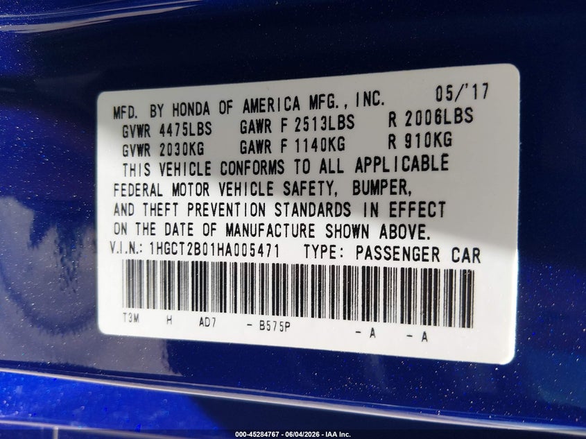 2017 Honda Accord VIN 1HGCT2B01HA005471 IAAI salvage auction — FRONT END, Salvage Title, sold $4,550 on 2026-07-09 (photo 9)