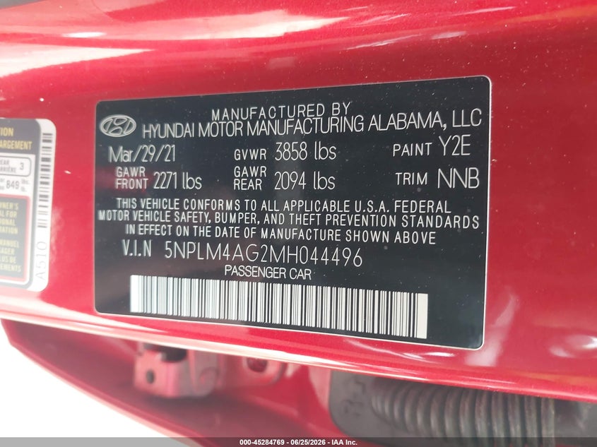 2021 Hyundai Elantra VIN 5NPLM4AG2MH044496 IAAI salvage auction — FRONT & REAR, Salvage (Indiana), sold $2,500 on 2026-07-29 (photo 9)