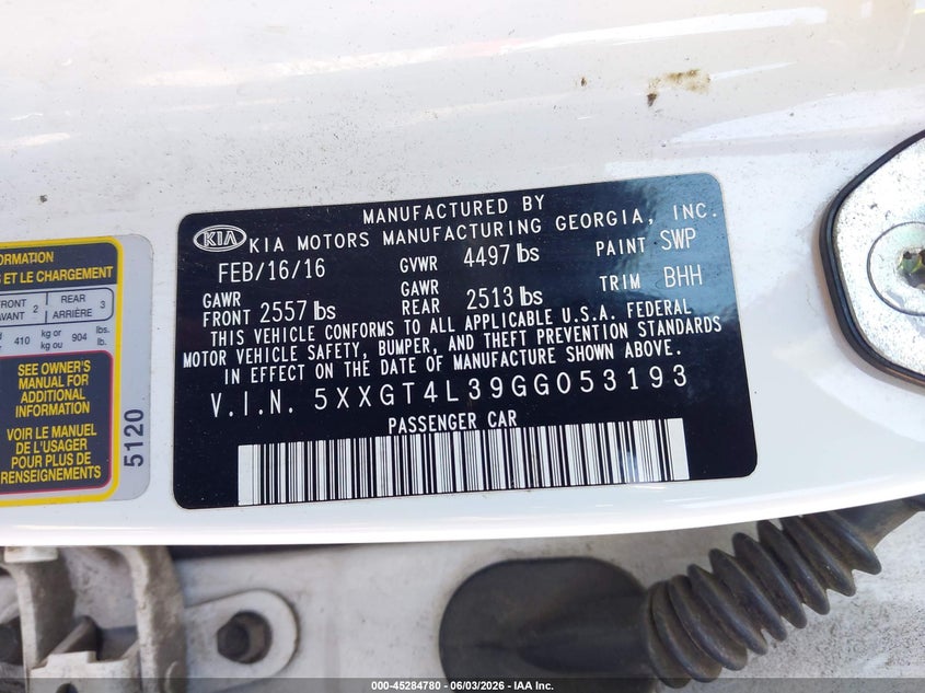 2016 Kia Optima VIN 5XXGT4L39GG053193 IAAI salvage auction — FRONT END, Salvage Title, sold $1,025 on 2026-07-08 (photo 9)