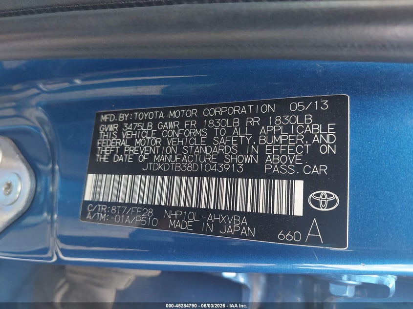 2013 Toyota Prius c VIN JTDKDTB38D1043913 IAAI salvage auction — ALL OVER, Salvage Title, sold $1,300 on 2026-07-21 (photo 9)