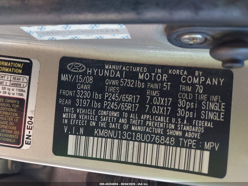 2008 Hyundai Veracruz VIN KM8NU13C18U076848 IAAI salvage auction — RIGHT SIDE, Salvage (North Carolina), sold $625 on 2026-07-30 (photo 9)