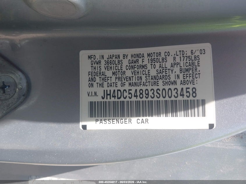 2003 Acura Rsx VIN JH4DC54893S003458 IAAI salvage auction — FRONT END, Clear (Indiana), sold $375 on 2026-07-14 (photo 9)