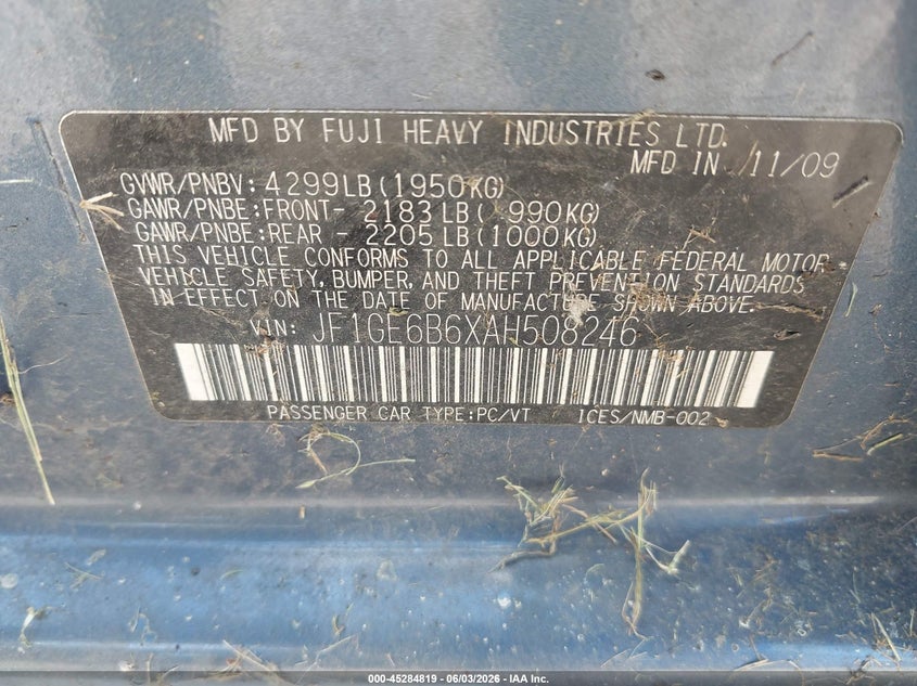 2010 Subaru Impreza VIN JF1GE6B6XAH508246 IAAI salvage auction — NORMAL WEAR, Clear (Michigan), sold $425 on 2026-07-09 (photo 9)