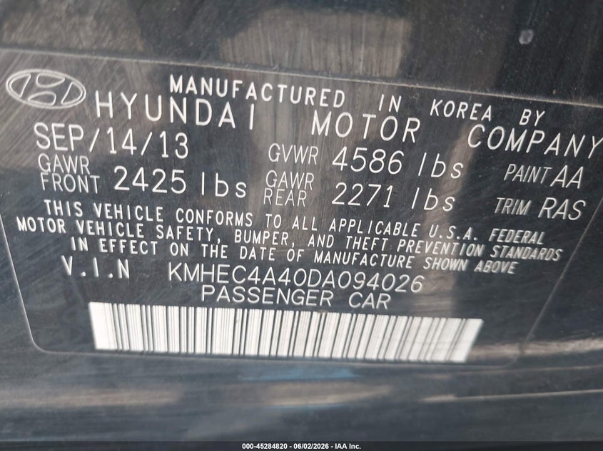 2013 Hyundai Sonata VIN KMHEC4A40DA094026 IAAI salvage auction — NORMAL WEAR, Clear (Utah), sold $350 on 2026-07-09 (photo 9)