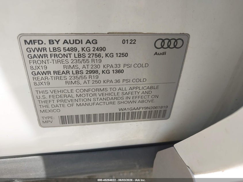 2022 Audi Q5 VIN WA1GAAFY9N2061819 IAAI salvage auction — RIGHT SIDE, Salvage (Illinois), sold $13,350 on 2026-07-08 (photo 9)