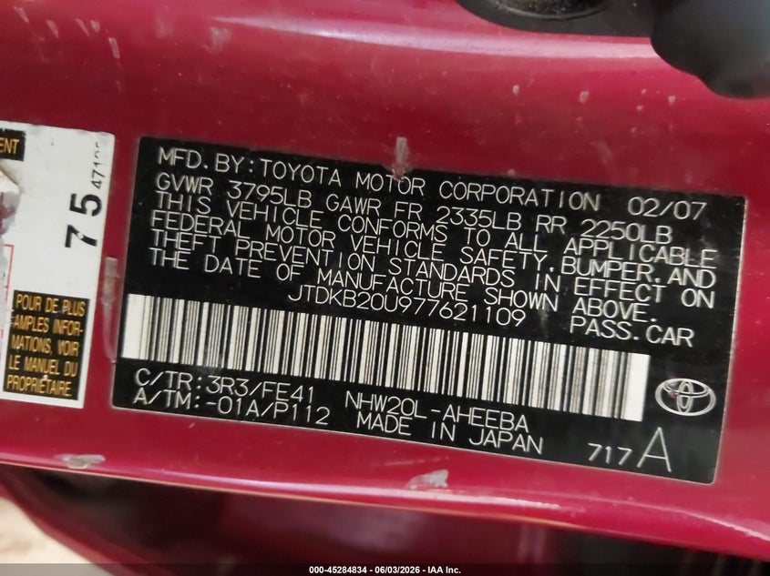 2007 Toyota Prius VIN JTDKB20U977621109 IAAI salvage auction — NORMAL WEAR, Prior Salvage (Minnesota), sold $425 on 2026-07-08 (photo 9)