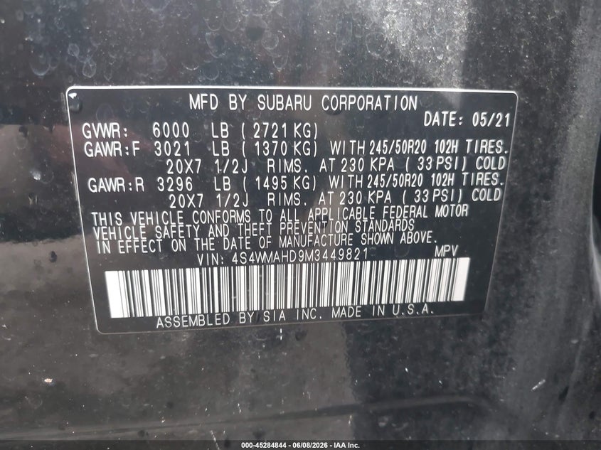 2021 Subaru Ascent VIN 4S4WMAHD9M3449821 IAAI salvage auction — ROOF, Salvage Title, sold $5,300 on 2026-07-29 (photo 9)