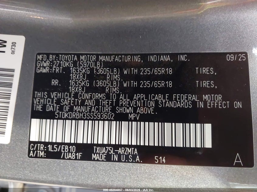 2025 Toyota Highlander VIN 5TDKDRBH3SS593602 IAAI salvage auction — FRONT END, Salvage Title, sold $19,500 on 2026-07-15 (photo 9)