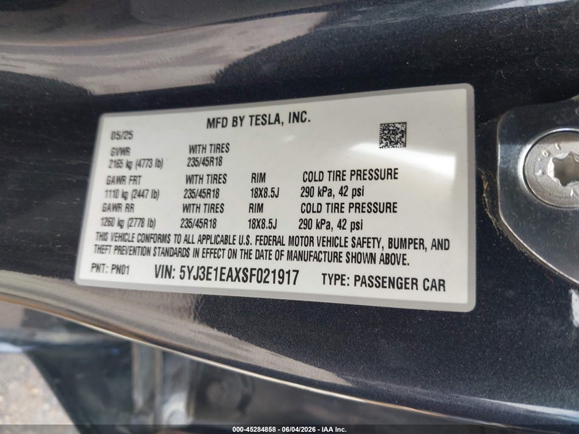 2025 Tesla Model 3 VIN 5YJ3E1EAXSF021917 IAAI salvage auction — REAR END, Salvage Title, sold $10,000 on 2026-07-15 (photo 9)