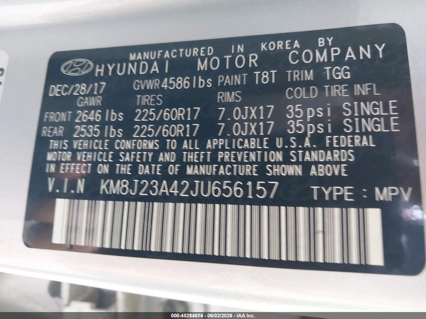 2018 Hyundai Tucson VIN KM8J23A42JU656157 IAAI salvage auction — FRONT END, Sf97 (Texas), sold $12,500 on 2026-07-07 (photo 9)