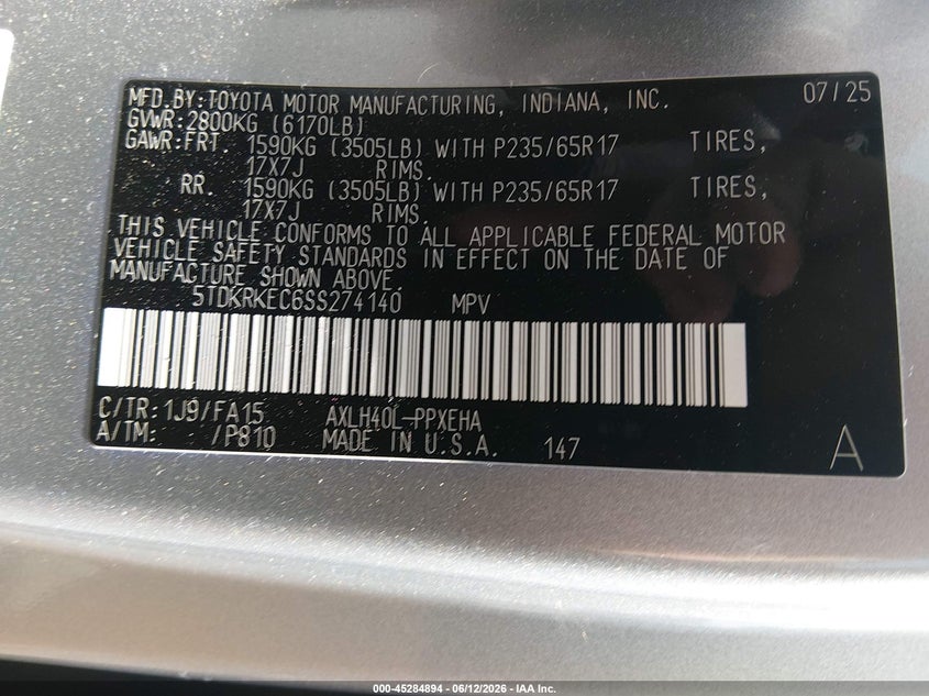 2025 Toyota Sienna VIN 5TDKRKEC6SS274140 IAAI salvage auction — SIDE, Salvage Title, sold $14,000 on 2026-07-25 (photo 9)