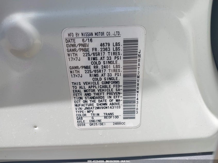 2016 Nissan Rogue VIN JN8AT2MV9GW143103 IAAI salvage auction — FRONT END, Salvage Title, sold $2,275 on 2026-07-15 (photo 9)