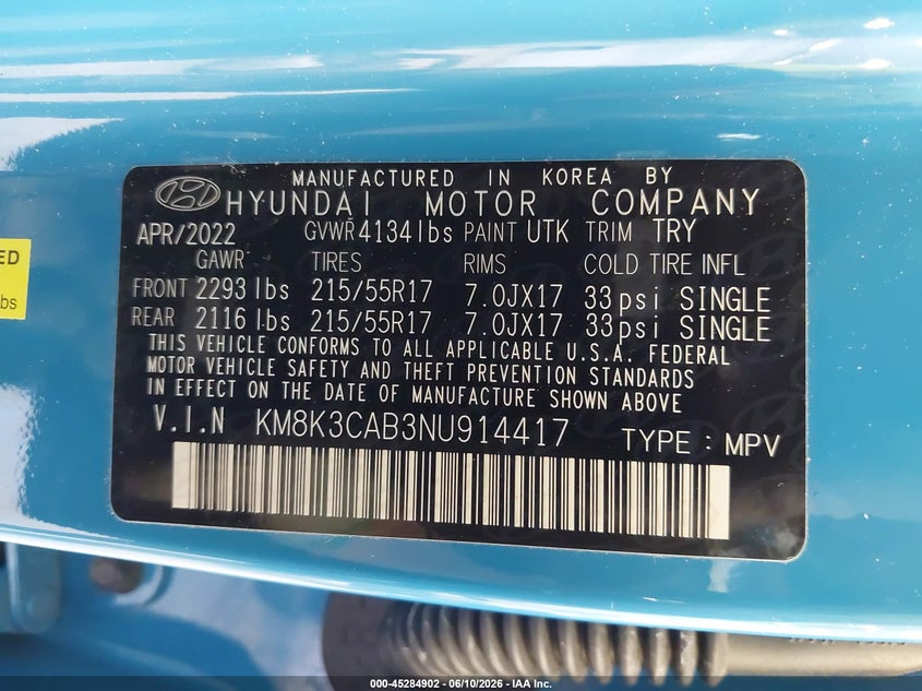 2022 Hyundai Kona VIN KM8K3CAB3NU914417 IAAI salvage auction — RIGHT REAR, Salvage (Utah), sold $5,650 on 2026-07-20 (photo 9)