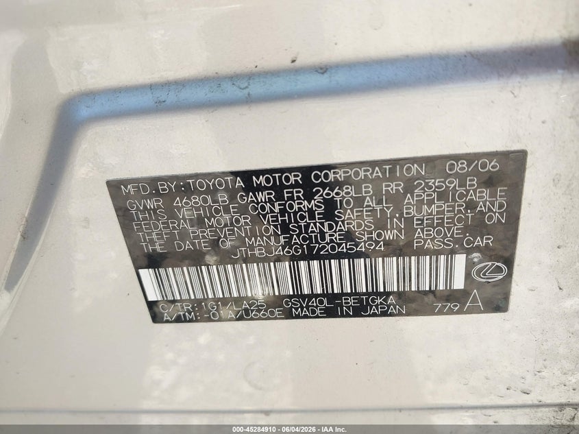 2007 Lexus Es 350 VIN JTHBJ46G172045494 IAAI salvage auction — FRONT END, Clear (Georgia), sold $925 on 2026-07-10 (photo 9)