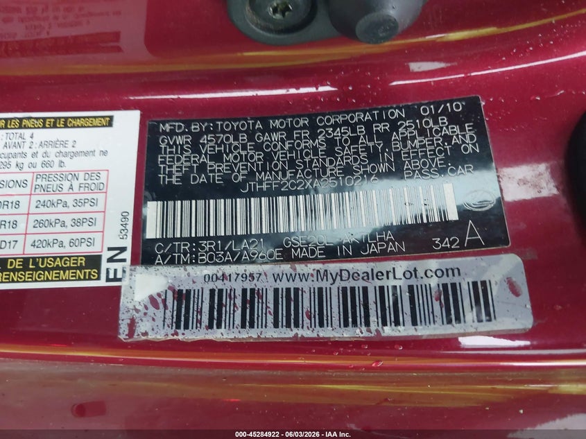 2010 Lexus Is 250c VIN JTHFF2C2XA2510216 IAAI salvage auction — NORMAL WEAR, Original (Texas), sold $3,125 on 2026-07-23 (photo 9)