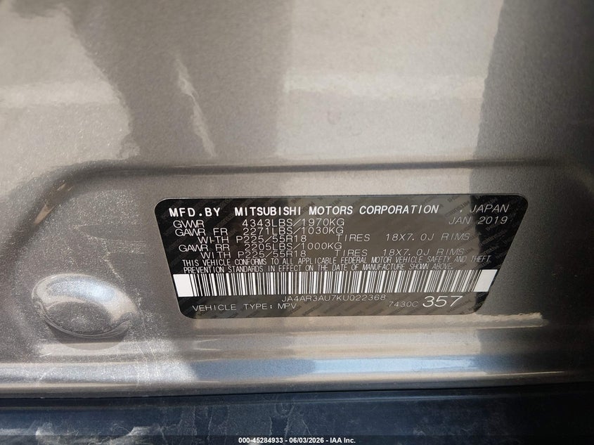 2019 Mitsubishi Outlander VIN JA4AR3AU7KU022368 IAAI salvage auction — SIDE, Salvage (Mississippi), sold $3,800 on 2026-07-30 (photo 9)